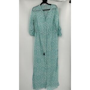Boden Long Sheer‎ Floral Kaftan Dress Turquoise & White Size L Roll Tab Sleeve